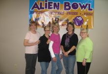 This was a Henderson House fundraising event (held in May) for the biggest turkey campaign, Alien Bowl.  Pictured Left to Right are: June ( a friend of the foundation), Carole, Joan, Mary Sue, Mary.
